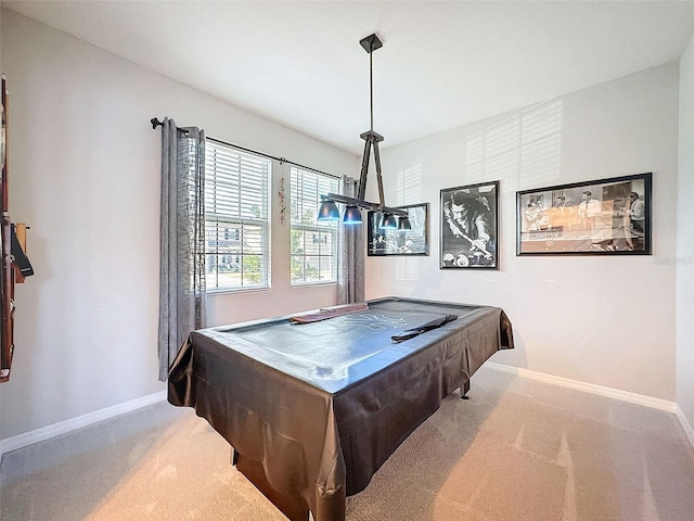 playroom with carpet, pool table, and baseboards