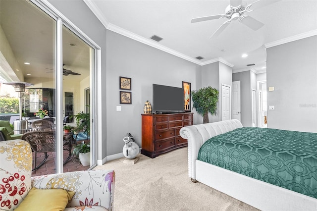 carpeted bedroom with access to exterior, crown molding, baseboards, and visible vents