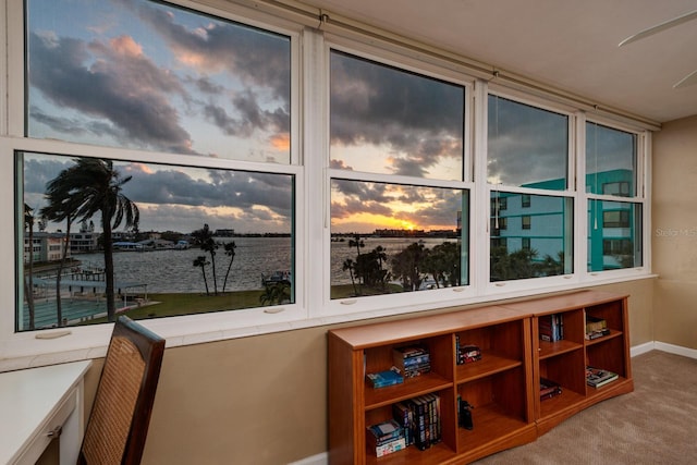 interior details featuring a water view and carpet floors