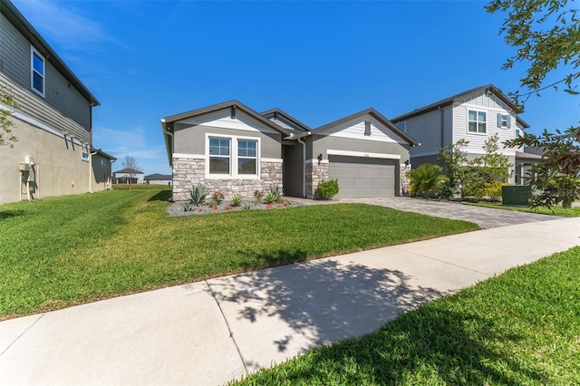 view of front of home featuring stucco siding, a garage, stone siding, driveway, and a front lawn