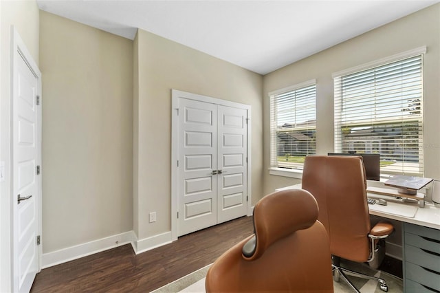 home office with wood finished floors and baseboards