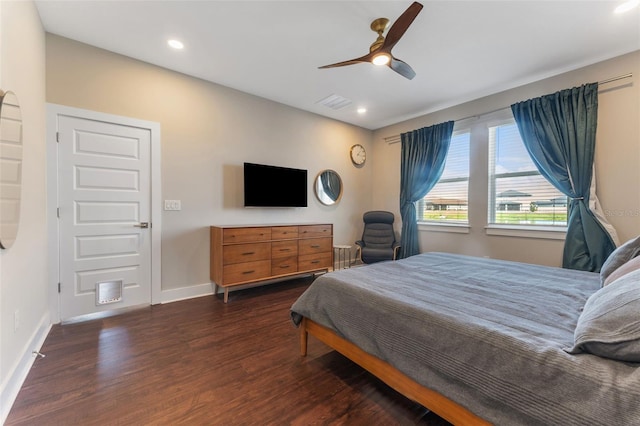 bedroom with recessed lighting, visible vents, a ceiling fan, wood finished floors, and baseboards