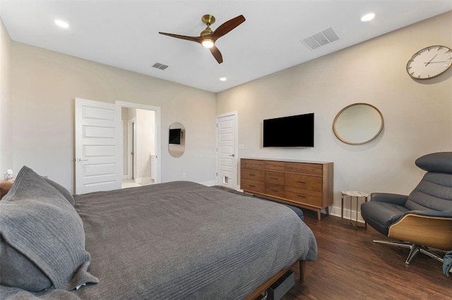 bedroom featuring recessed lighting, wood finished floors, visible vents, and baseboards