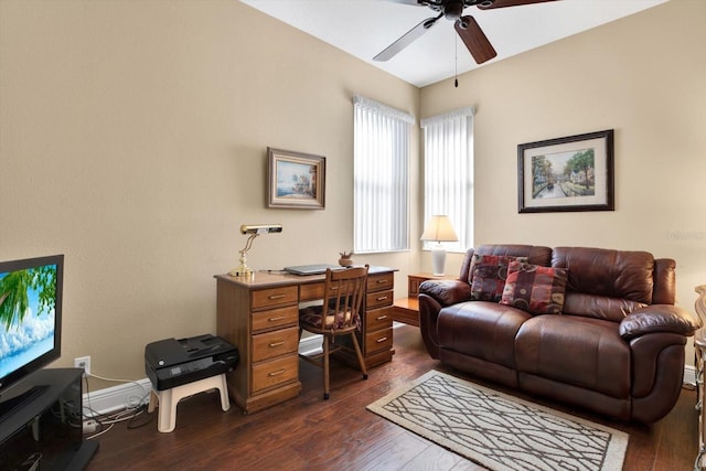 office featuring ceiling fan, dark wood finished floors, and baseboards