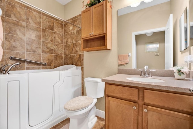 full bathroom with toilet, walk in shower, a bath, and vanity