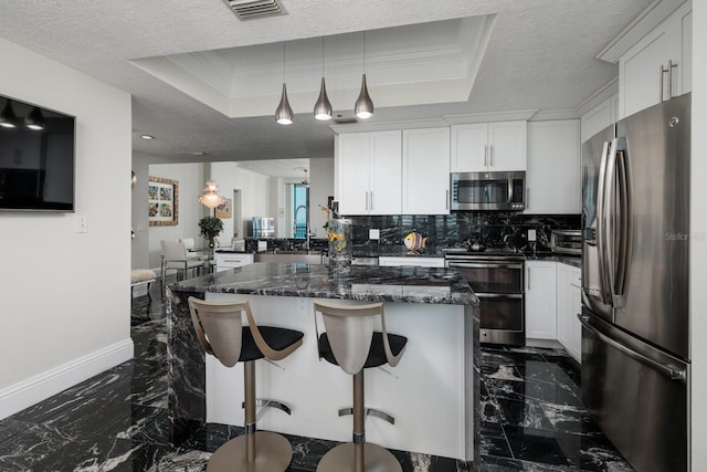 kitchen with marble finish floor, a tray ceiling, and stainless steel appliances