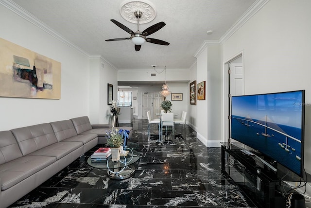 living area featuring a textured ceiling, a ceiling fan, baseboards, marble finish floor, and crown molding