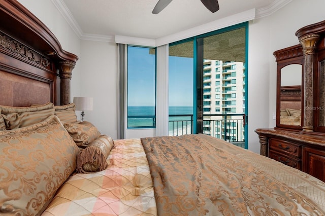 bedroom with access to exterior, ornamental molding, and a ceiling fan