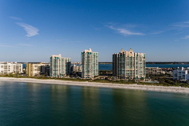 bird's eye view with a water view and a view of city