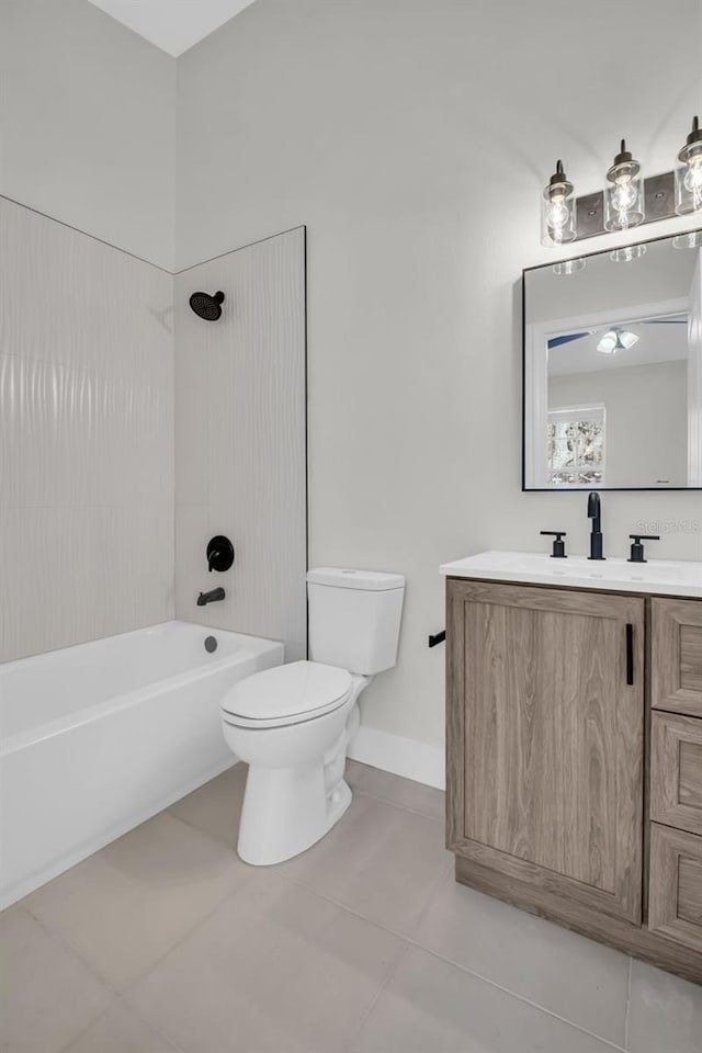 full bathroom with baseboards, toilet, shower / tub combination, tile patterned floors, and vanity