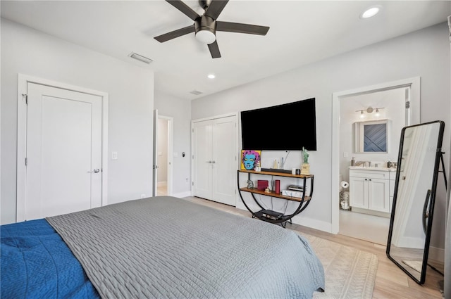 bedroom featuring recessed lighting, visible vents, ceiling fan, light wood-type flooring, and baseboards