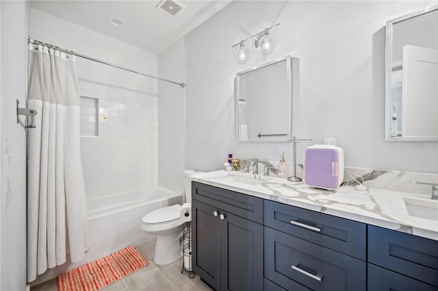 full bathroom with shower / bath combo, visible vents, toilet, tile patterned flooring, and a sink