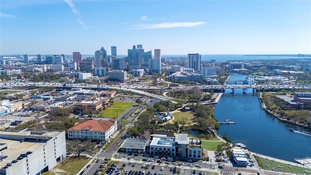 aerial view with a view of city and a water view