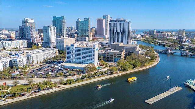 aerial view with a water view and a city view