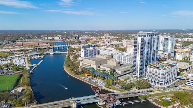 bird's eye view featuring a view of city and a water view