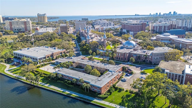 aerial view featuring a water view and a city view