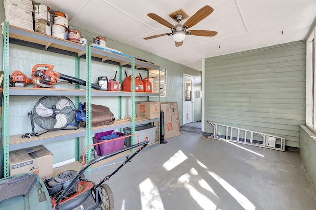 storage room with a ceiling fan