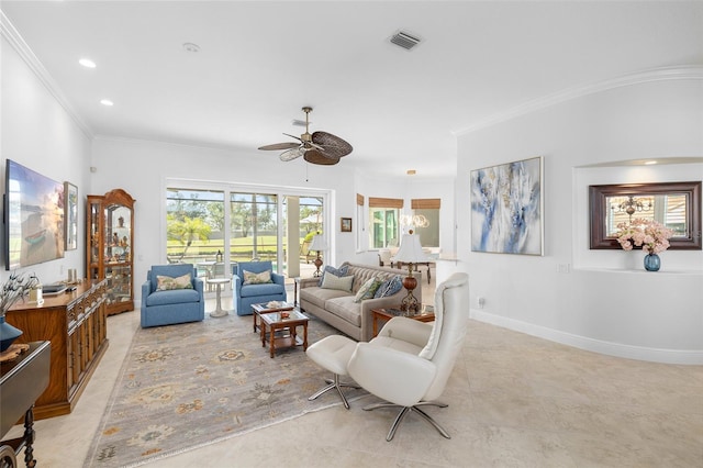 living area featuring visible vents, crown molding, baseboards, recessed lighting, and a ceiling fan