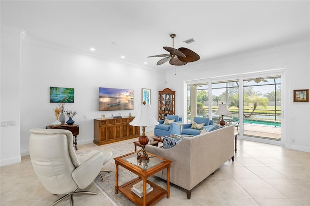 living room with recessed lighting, baseboards, visible vents, and ornamental molding