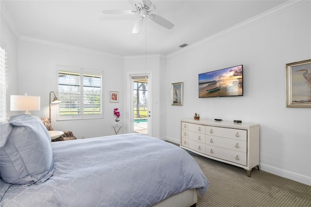 bedroom featuring access to exterior, visible vents, baseboards, carpet, and ornamental molding