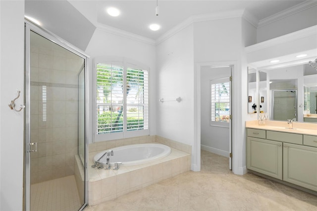 full bathroom with a wealth of natural light, a stall shower, and crown molding