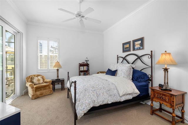 bedroom featuring light carpet, ornamental molding, a ceiling fan, and access to outside