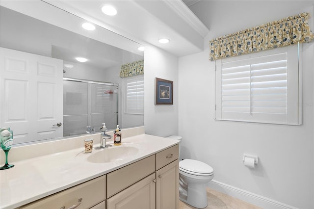 bathroom with vanity, toilet, recessed lighting, and a stall shower