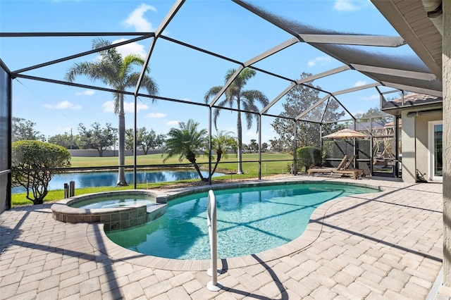 view of pool featuring a patio, a water view, a pool with connected hot tub, and a lanai