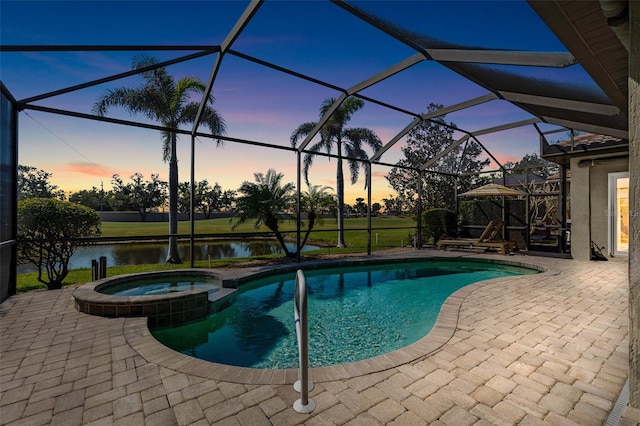 view of swimming pool featuring a patio, a lanai, a water view, and a pool with connected hot tub