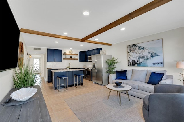 living room with visible vents, light tile patterned flooring, beam ceiling, and recessed lighting