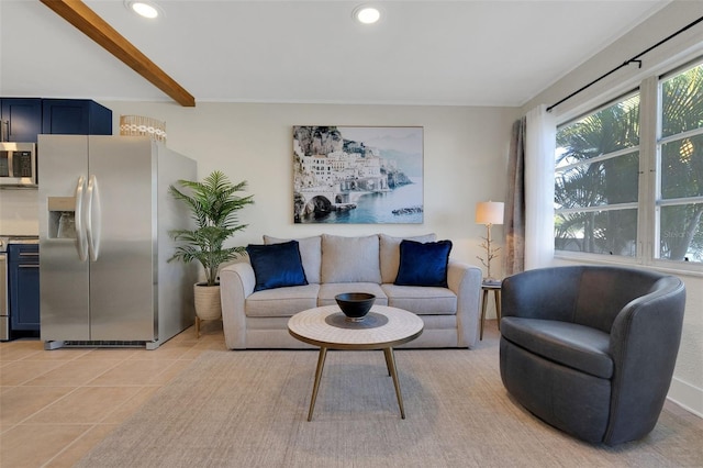 living area featuring light tile patterned floors, beam ceiling, and recessed lighting