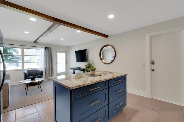 kitchen featuring light tile patterned floors, blue cabinets, light stone countertops, beam ceiling, and recessed lighting