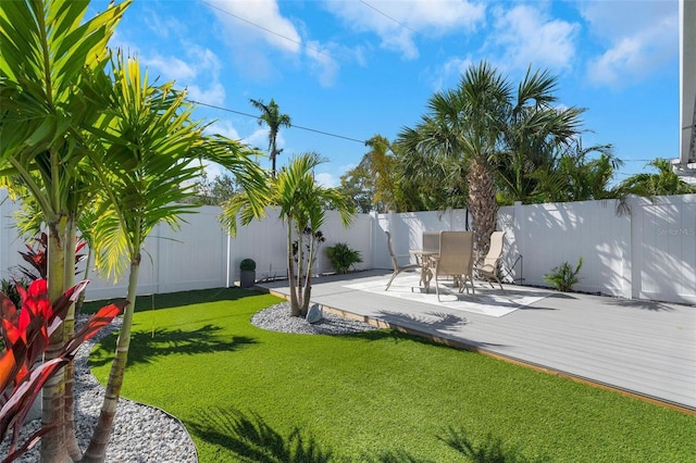 view of yard with a fenced backyard and a wooden deck