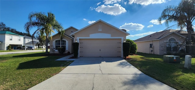 view of front of property featuring central air condition unit, stucco siding, concrete driveway, an attached garage, and a front lawn