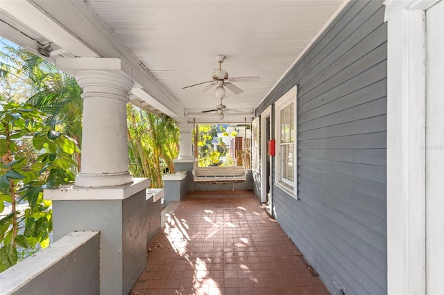 view of patio / terrace featuring covered porch and a ceiling fan