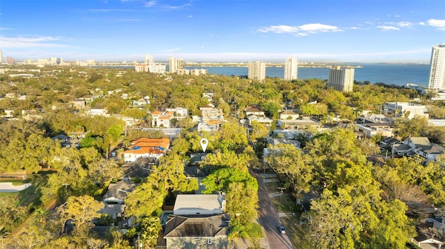 aerial view featuring a water view and a city view