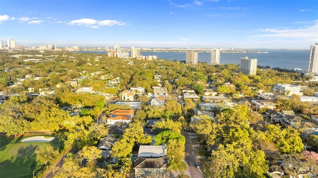 aerial view featuring a view of city and a water view