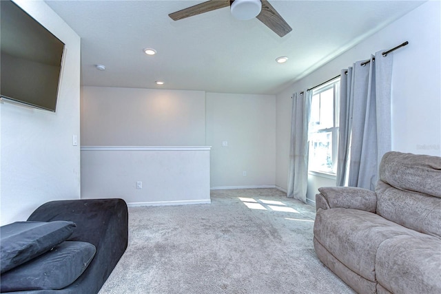 sitting room featuring recessed lighting, baseboards, ceiling fan, and carpet flooring