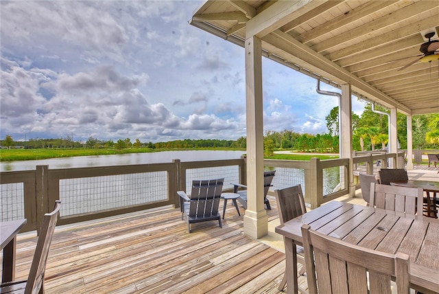 deck featuring a water view and outdoor dining space