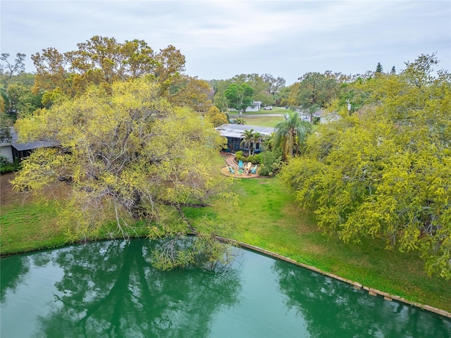 birds eye view of property featuring a water view and a wooded view