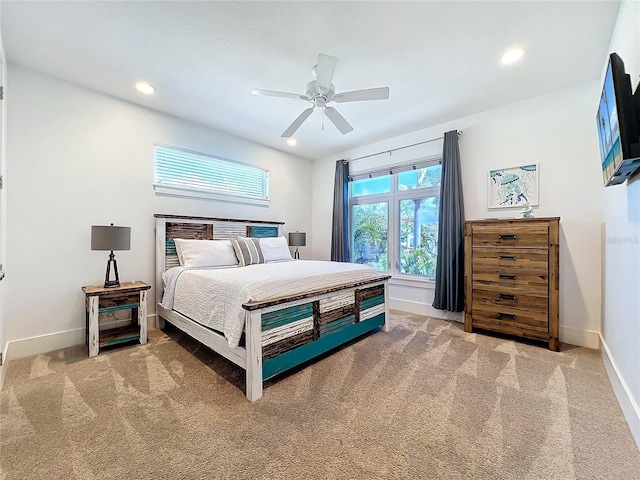 bedroom featuring carpet floors, baseboards, a ceiling fan, and recessed lighting