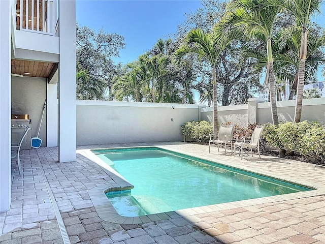 view of pool with a patio, a fenced backyard, and a fenced in pool