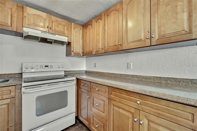 kitchen featuring light countertops, white electric range, under cabinet range hood, and a textured ceiling