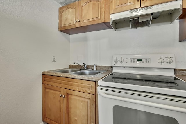 kitchen featuring white range with electric cooktop, a sink, and under cabinet range hood