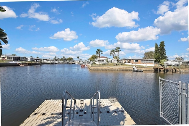 view of dock featuring a water view and fence