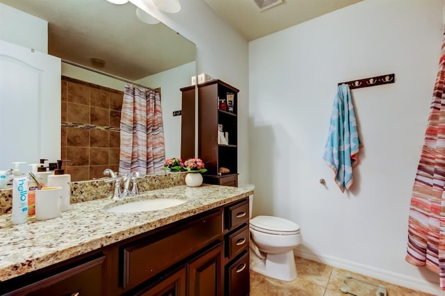 bathroom with visible vents, a shower with shower curtain, toilet, tile patterned floors, and vanity