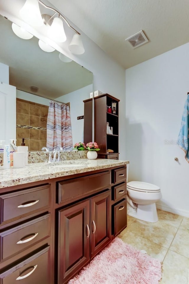 full bath featuring visible vents, toilet, curtained shower, tile patterned flooring, and vanity