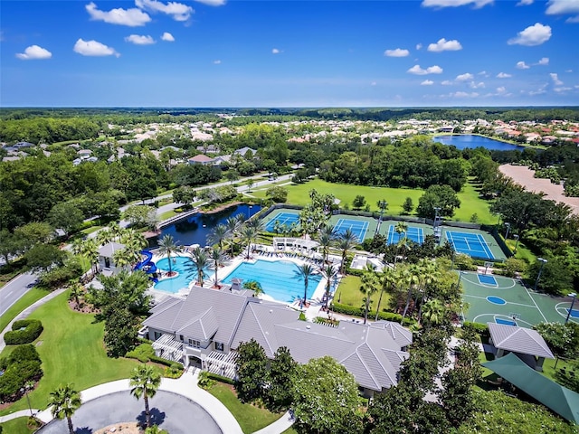 bird's eye view with a water view