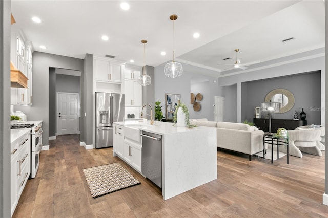 kitchen with wood finished floors, a sink, high quality appliances, open floor plan, and white cabinetry