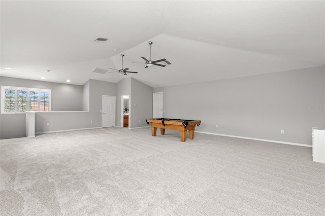 rec room with baseboards, vaulted ceiling, carpet flooring, and pool table